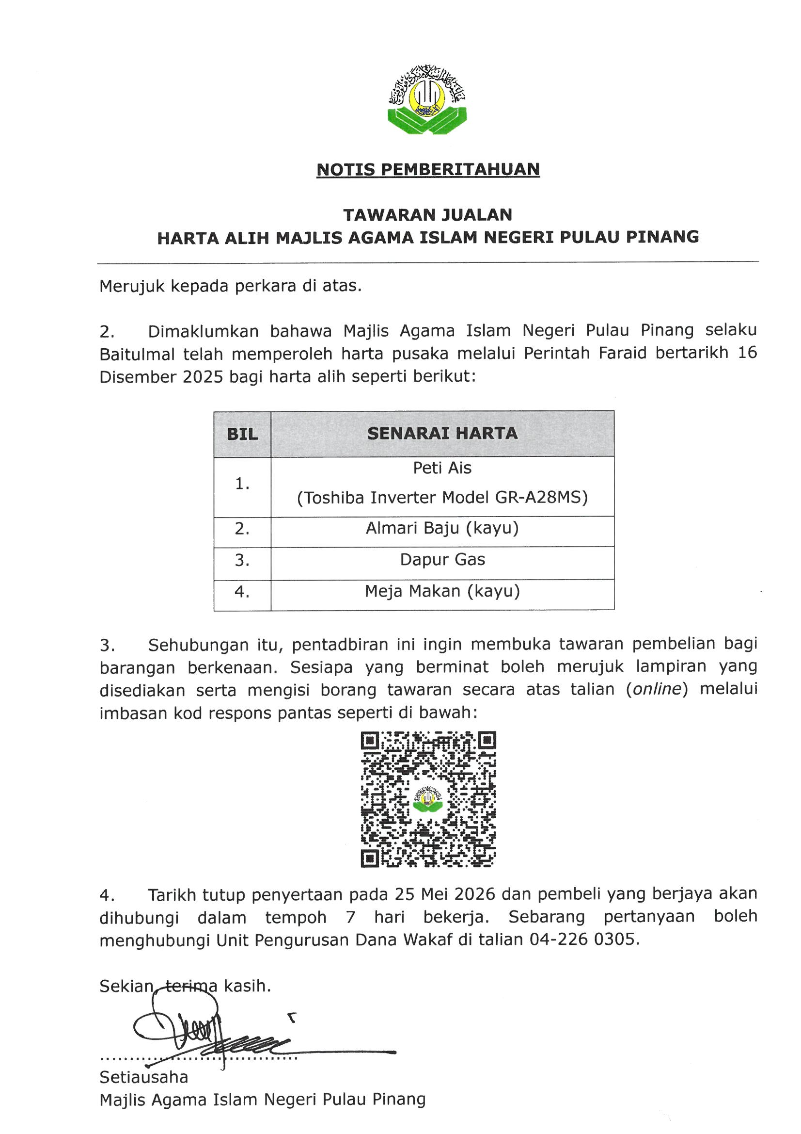 3 NOTIS MAKLUMAN TAWARAN JUALAN HARTA ALIH HP ROKIAH BT ZAKARIA