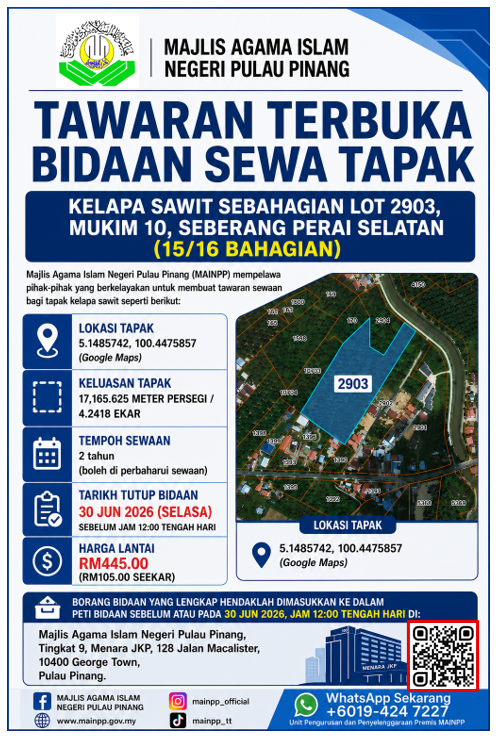 IKLAN BIDAAN SEWA TAPAK KELAPA SAWIT LOT 2903 MUKIM 10 SPS